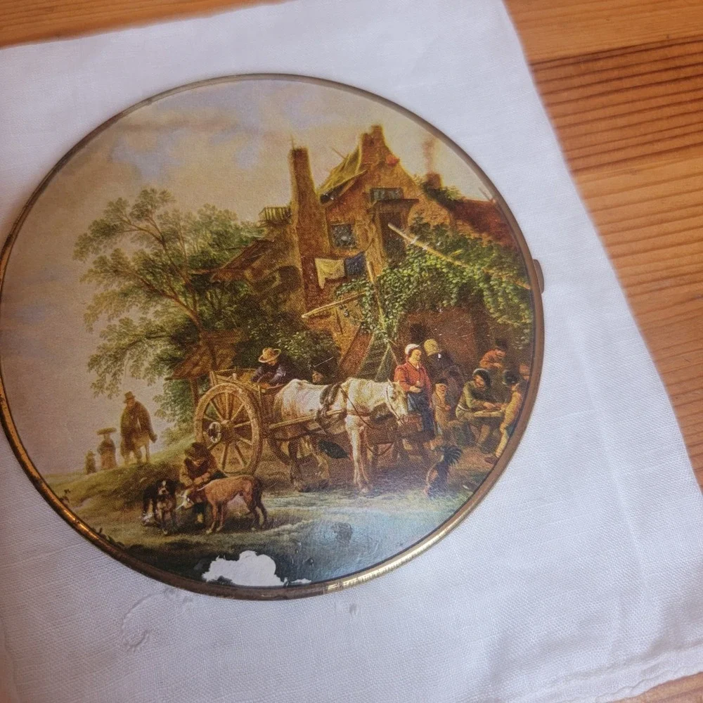 Vintage Round Trinket Box Decorative Scene Collectible Compact